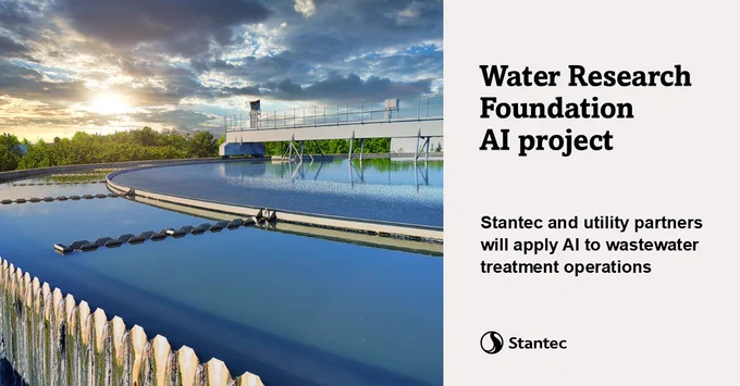 A wastewater treatment facility under a cloudy sky at sunset with circular sedimentation tanks reflecting the light.