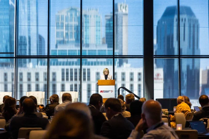 Chancellor Plowman speaking at the inaugural AI Tennessee Summit in Nashville, Tennessee.