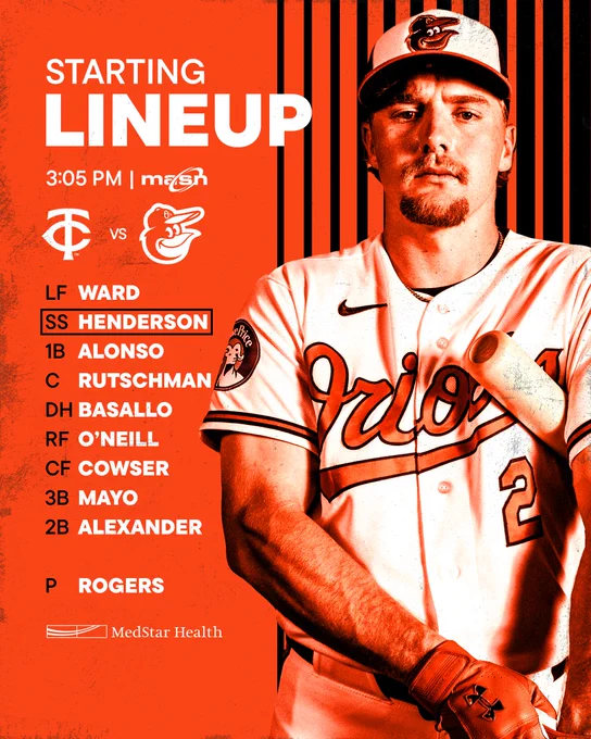 Twins at Orioles | O’s Starting Lineup | 3:05 p.m. | MASN

LF - Ward
SS - Henderson
1B - Alonso
C - Rutschman
DH - Basallo
RF - O’Neill
CF - Cowser
3B - Mayo
2B - Alexander
P - Rogers

The graphic features an image of Henderson looking at the camera. He is wearing a white Orioles uniform and a tri-color cap.