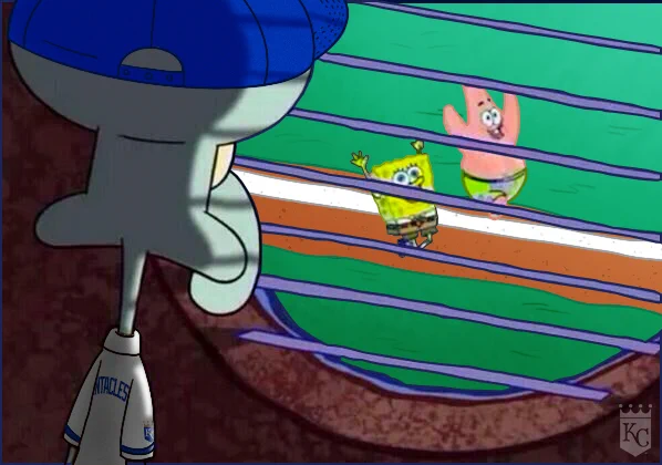 A meme of Squidward, wearing a Royals jersey and hat, staring longingly out his window as Spongebob and Patrick run around on a baseball field.