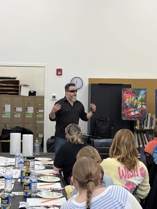 John Bramblitt introduces himself to workshop attendees in the West Painting Studio at Indy Art Center.