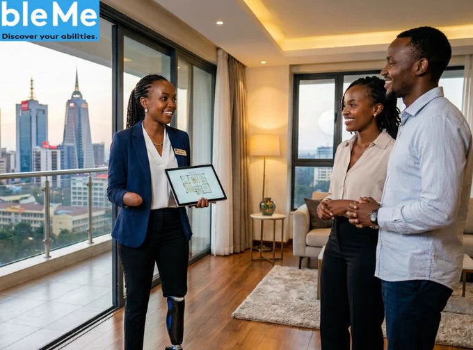 A real estate agent with a prosthetic leg stands in a modern apartment, holding a tablet and showing a floor plan to a smiling couple. Large windows reveal a city skyline in the background, and an “EnableMe – Discover your abilities” logo appears in the top left corner.