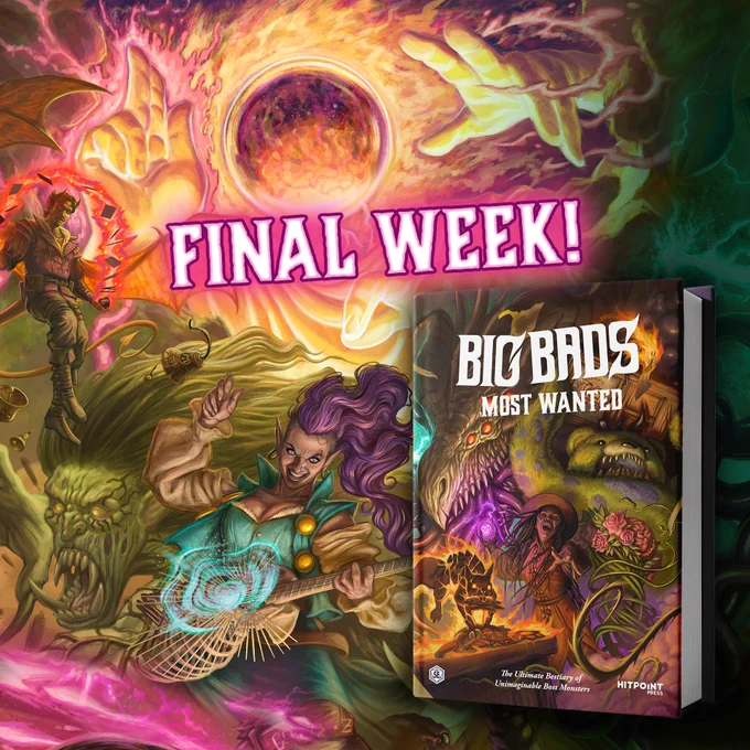 A fantasy-themed book cover titled 'Big Bads Most Wanted' featuring multiple villains, highlighted by a glowing Tarathial and 'Final Week!' text above.