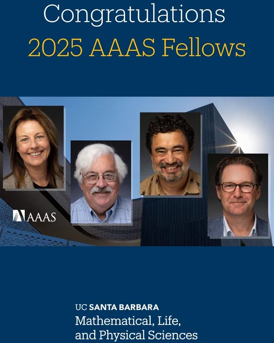 Portraits of UCSB 2025 AAAS Fellows: Shelly Gable, David Morrison, Javier Read de Alaniz, and Kelly Caylor.