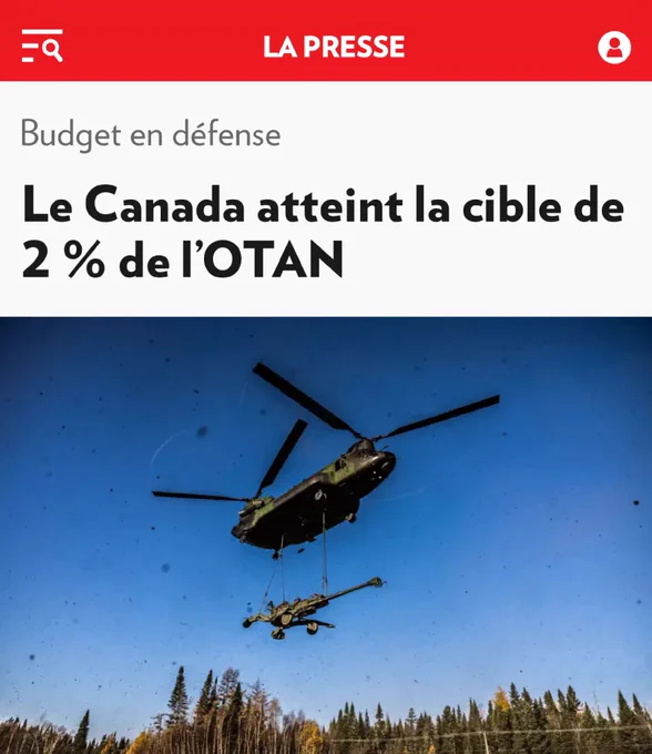Capture d’écran d’un article de La Presse, dont le titre est le suivant : Le Canada atteint la cible de 2 % de l'OTAN.