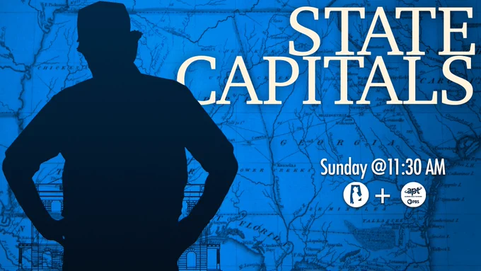 Silhouette of a person with hands on hips against a blue map background. Text reads "State Capitals" and "Sunday @ 11:30 AM" with channel logos below.