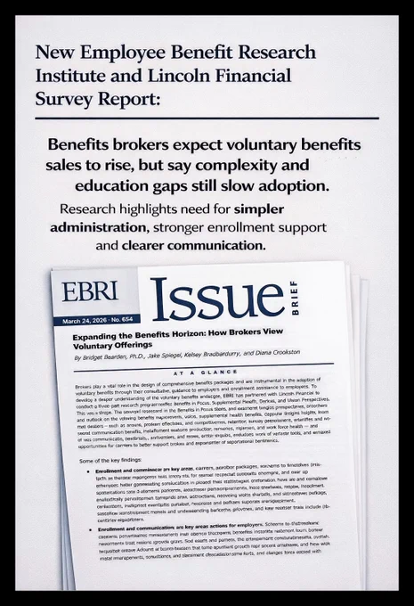 New Survey Report from the Employee Benefit Research Institute and Lincoln Financial: Benefits brokers expect voluntary benefits sales to rise, but say complexity and education gaps still slow adoption.

View full research report, visit https://www.ebri.org/publications/research-publications/issue-briefs/content/expanding-the-benefits-horizon--how-brokers-view-voluntary-offerings

#EBRI #news #LincolnFinancial #voluntarybenefits #benefits #workplace #HR #workers #employer #research #survey #employee
