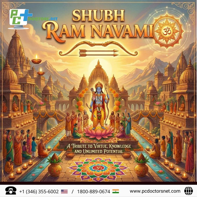 Celebrate the auspicious occasion of Ram Navami 2026 with PC Doctors NET as we honor the divine birth of Lord Rama. Our commemorative festival graphics reflect the deep devotion and spiritual significance of this day, highlighting the eternal values of truth, integrity, and righteousness. Whether you are celebrating in Texas, Canada, India, or the USA, we join you in reflecting on the path of Dharma and the light of divine grace. At PC Doctors NET, we believe in the power of timeless virtues to guide us toward a more harmonious and peaceful future. Join our global community in offering prayers for prosperity and well-being as we celebrate the legacy of Maryada Purushottam Rama. Explore our high-definition 1:1 illustrative artworks designed to inspire courage and devotion throughout this sacred festival. Wishing everyone a blessed Ram Navami filled with light and joy.
