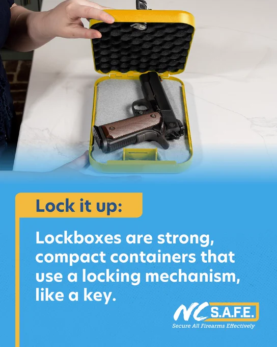 A gun in a lockbox. Text says "Lock it up: Lockboxes are strong, compact containers that use a locking mechanism, like a key."