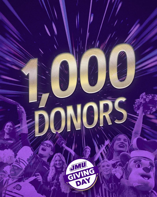 A graphic containing a photo of fans cheering with gold text that reads "1,000 Donors" above the JMU Giving Day logo.
