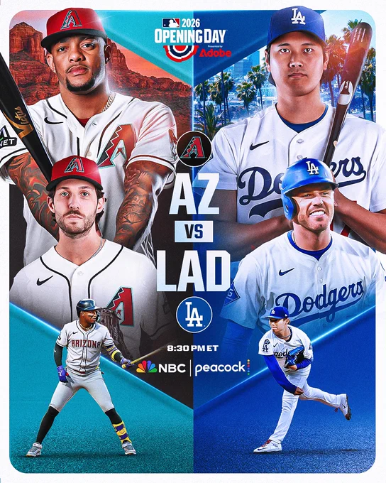 Opening Day Hype Graphic: D-backs vs. Dodgers, 8:30 PM ET (NBC | Peacock)
Pictured: Cutouts of Ketel Marte, Zac Gallen, Geraldo Perdomo, Shohei Ohtani, Freddie Freeman and Yoshinobu Yamamoto.
Opening Day presented by Adobe