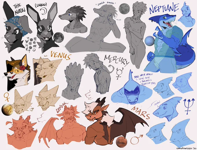 Sketch page featuring 5 astronomical bodies represented as anthropomorphic furries: The Moon, Mercury, Venus, Mars, and Neptune