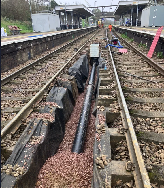 New drainage pipes between the running lines at Prittlewell station