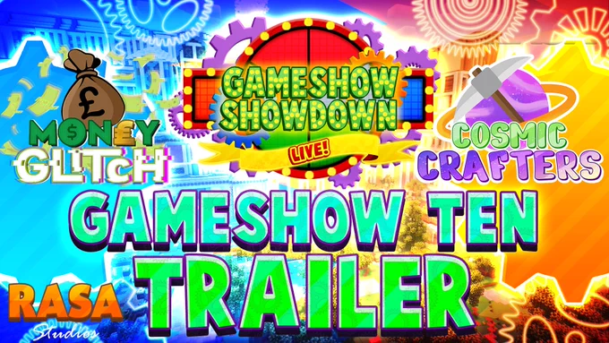 The thumbnail for the Gameshow Showdown tenth anniversary show trailer.

In the left, the blue team logo for Money Glitch.
In the right, the orange team logo for Cosmic Crafters.
The Gameshow Showdown Live logo appears in the centre, with Gameshow Ten Trailer written underneath.
The RASA logo appears in the bottom left.