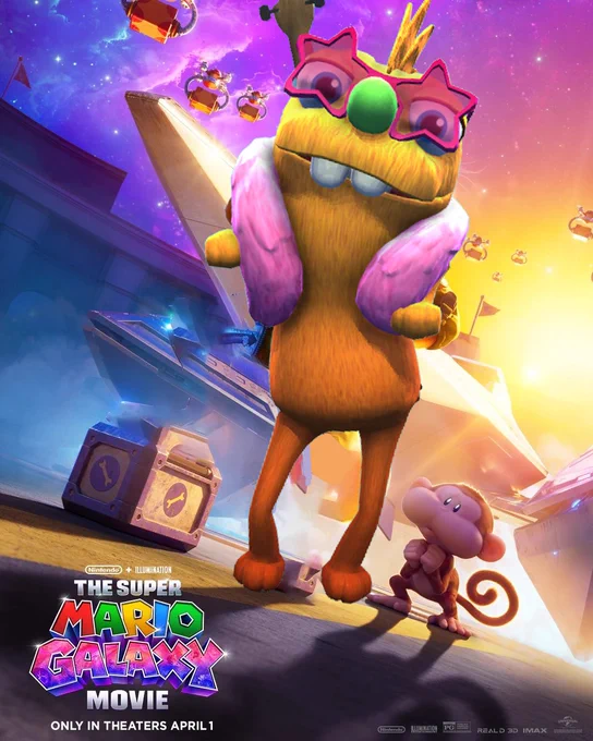 The  super mario galaxy movie poster where Fox has been poorly photoshopped out and replaced with Wiggle Wigglebottom from Bugsnax. 