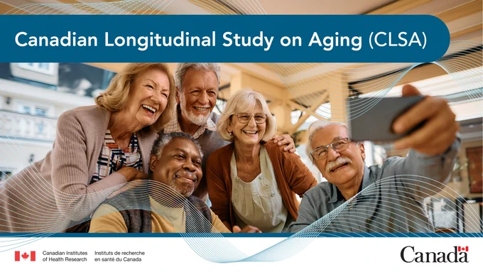 Canadian Longitudinal Study on Aging (CLSA) text, with photo of a group of people taking a selfie.