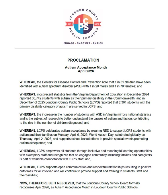Loudoun County Public Schools proclamation declaring April 2026 as Autism Acceptance Month, highlighting support and awareness efforts.