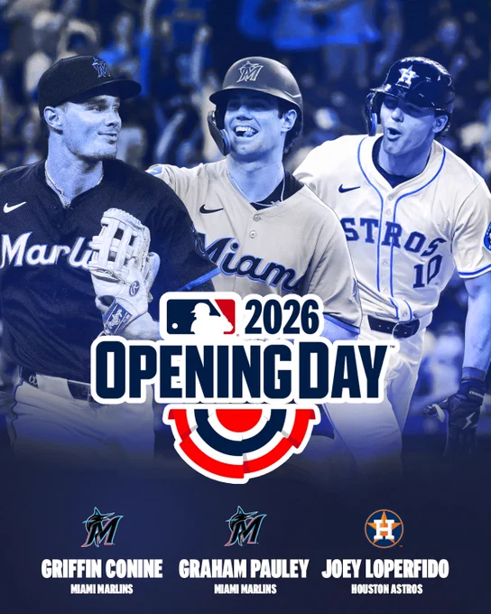 2026 MLB Opening Day - Griffin Conine and Graham Pauley with the Miami Marlins and Joey Loperfido with the Houston Astros