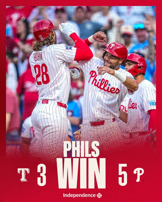 Final score graphic. Phillies 5, Rangers 3. Alec Bohm and Justin Crawford embrace after Bohm's home run on Opening Day.
