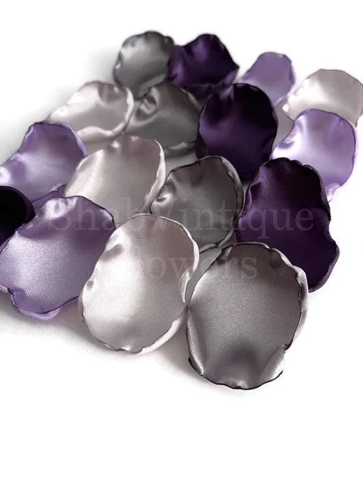 purple, lavender, slate, and silver satin fabric flower petals for wedding receptiondecor