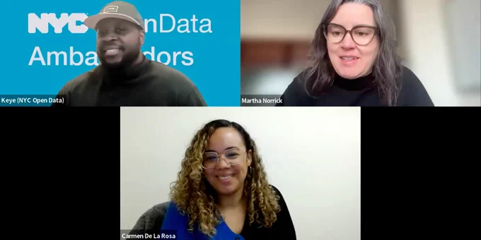 Three people including council member de la rosa at bottom participating in a virtual meeting with NYC Open Data branding in the background of one participant's screen.