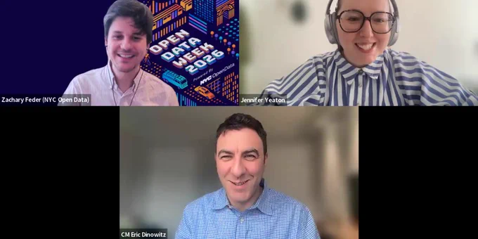 Three individuals participate in a virtual panel discussion during Open Data Week 2026, each in separate video frames, with council member Eric Dinowitz at the bottom