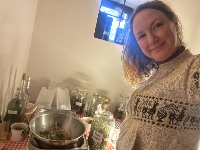 me in the herb room with herbs and stainless steel bowls