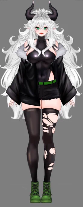 The vtuber model of ReignFallVT, long white hair, a black body suit and shorts with a fluffy jacket over top. Thigh high socks and green boots.