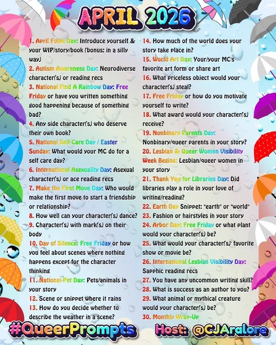 1. April Fools Day: Introduce yourself & your WIP/story/book (bonus: in a silly way)
2. Autism Awareness Day: Neurodiverse character(s) or reading recs
3. National Find A Rainbow Day: Free Friday or have you written something good happening because of something bad?
4. Any side character(s) who deserve their own book?
5. National Self Care Day / Easter Sunday: What would your MC do for a self care day?
6. International Asexuality Day: Asexual character(s) or ace reading recs
7. Make the First Move Day: Who would make the first move to start a friendship or relationship?
8. How well can your character(s) dance?
9. Character(s) with mark(s) on their body
10. Day of Silence: Free Friday or how you feel about scenes where nothing happens except for the character thinking
11. National Pet Day: Pets/animals in your story
12. Scene or snippet where it rains
13. How do you decide whether to describe the weather in a scene?
14. How much of the world does your story take place in?
15. World Art 
