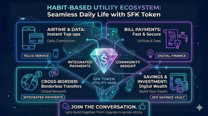 In Uganda, integrating airtime, data, and bill payments into a seamless daily routine is a growing habit. This clean fintech-style visual illustrates these utilities arranged around a central glowing SFK token, symbolizing a unified "SFK TOKEN UTILITY HUB." Arrows indicate repeated usage cycles for airtime purchases, mobile data top-ups, and utility payments. This professional and highly readable infographic highlights integrated payments and community discussion within a modern digital finance ecosystem.