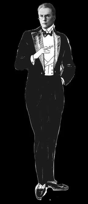 An illustration of a dapper gentleman in black tie evening dress. The face is that of author James Branch Cabell. By Caslin Applewhite/VCU Libraries