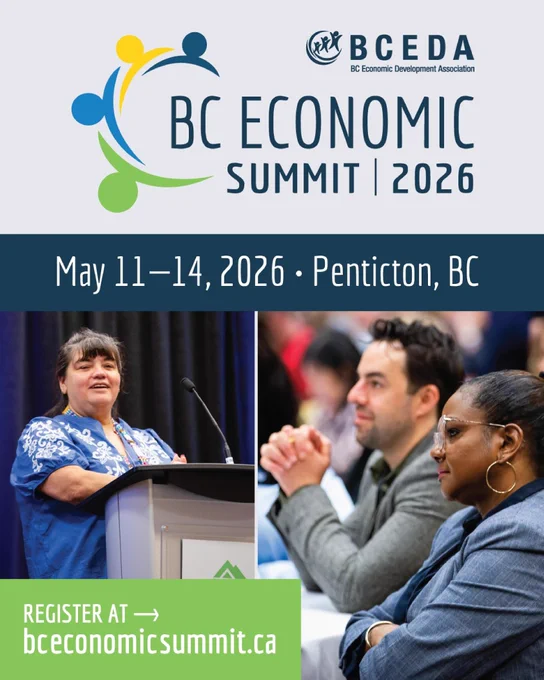 Promotional image for the BC Economic Summit 2026 (May 11–14, Penticton, BC) showing the BCEDA logo, interconnected figures, a person speaking on a microphone on stage, attendees at an event, and a note to register at bceconomicsummit.ca