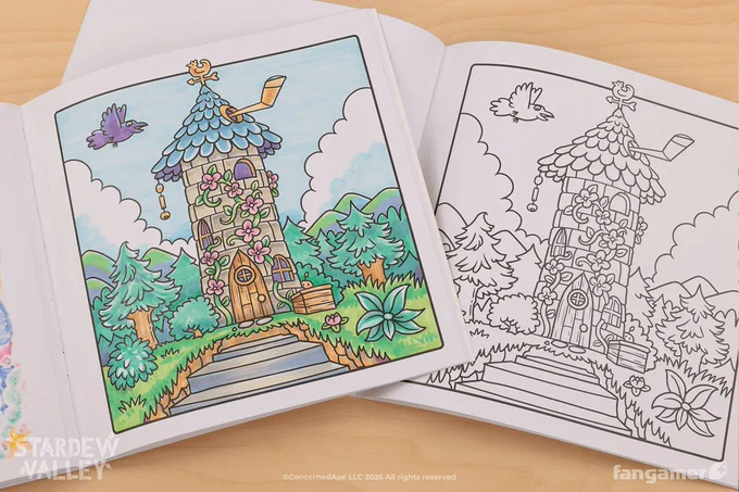 A photo of two copies of the new Stardew Valley coloring book, showing a square illustration of the Wizard's Tower before and after it's been colored. 