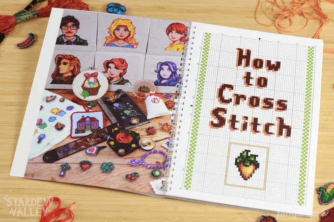 A photo of a spread from the Stardew Valley cross-stitch book, showing its wire binding. A full-page photo on the left shows lots of finished cross stitches, from bachelors and bachelorettes to items; a title page on the right has the words How to Cross Stitch done up in a cross-stitch style on a gridded page. 