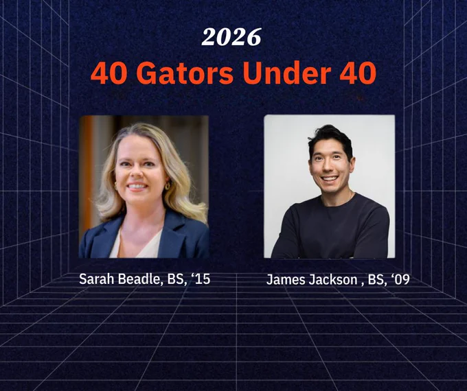 Graphic with a blue grid background and the title “2026 40 Gators Under 40.” Two headshots are shown: Sarah Beadle, a blonde woman in a blazer, labeled “Sarah Beadle, BS ’15,” and James Jackson III, a man in a dark shirt smiling with arms crossed, labeled “James Jackson, BS ’09.”