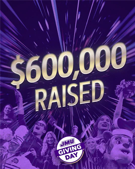 A graphic containing an image of people cheering with gold text that reads "$600,000 raised" above the JMU Giving Day logo.