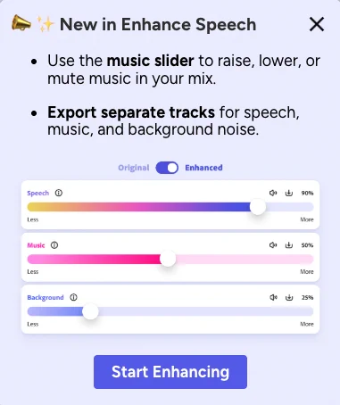 screenshot of Adobe Podcast update showing the Speech, Music, and Background slider to raise, lower, or mute music in a recording. 