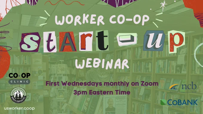 A photo of a cat in a bookstore and text that reads worker co-op startup webinar, first wednesdays monthly at 3pm eastern time usworker.coop/calendar 