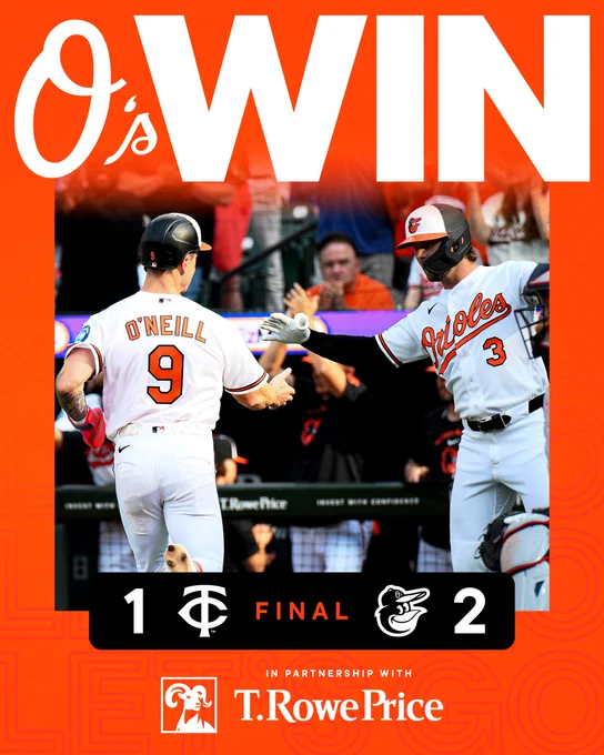 O’s WIN!

Twins - 1
Orioles - 2

The graphic features an image of O’Neill and Ward celebrating a run at Oriole Park. They are wearing white Orioles uniforms.