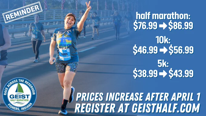 The image shows a person running on a bridge, smiling, and holding up two fingers. They are wearing athletic gear with the text "GEIST HALF MARATHON" on the shirt. On the right, prices for race registration are listed: half marathon ($76.99-$86.99), 10k ($46.99-$56.99), and 5k ($38.99-$43.99). Text at the bottom mentions that prices increase after April 1, with instructions to register at geisthalf.com. A "REMINDER" label is on the top left, and the Geist Half Marathon logo is in the lower left corner.