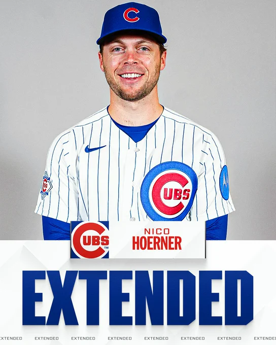 Nico Hoerner - Extended
Pictured: Nico Hoerner smiles while wearing a home white Cubs uniform.
