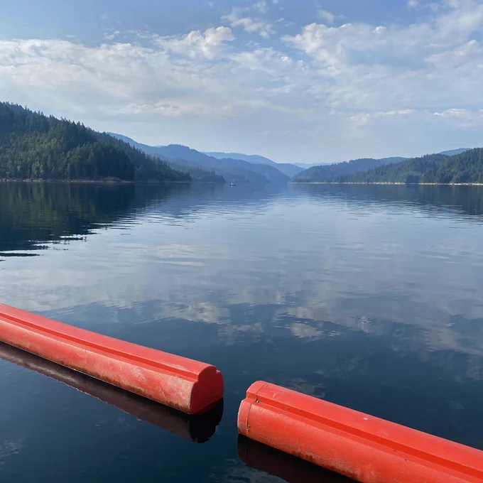 A calm lake under a mostly sunny sky surrounded by hills covered in evergreen trees 