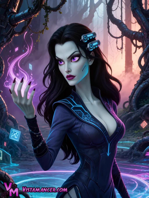 Purple Eyed Cyber Sorceress Commands Swirling Plasma Energy in the Techno Forest

A pale-skinned cyber sorceress with long flowing black hair adorned by glowing blue cybernetic hair clips dominates the frame with her intense purple eyes radiating power beneath sharp arched brows and dramatic eyeliner while deep purple lipstick accentuates her confident expression. She raises one hand with long dark nails to channel swirling trails of vibrant purple and pink plasma energy that twist and spark around her fingers as she stands in a poised stance wearing a sleek dark form-fitting bodysuit featuring glowing blue circuit patterns that trace across the low-cut neckline and shoulders highlighting her curvaceous figure.