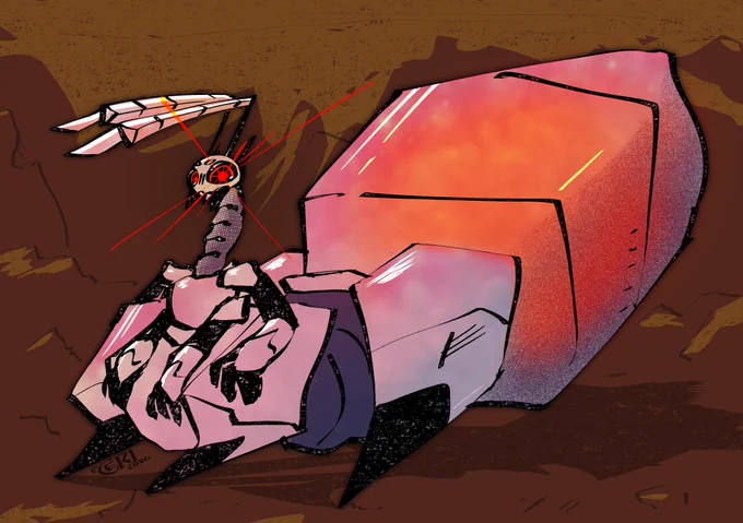 A massive robotic insect-like war machine, with a massive abdomen that is a nuclear bomb. It's standing in a destroyed landscape, its eyes trained on the viewer with laser focus.