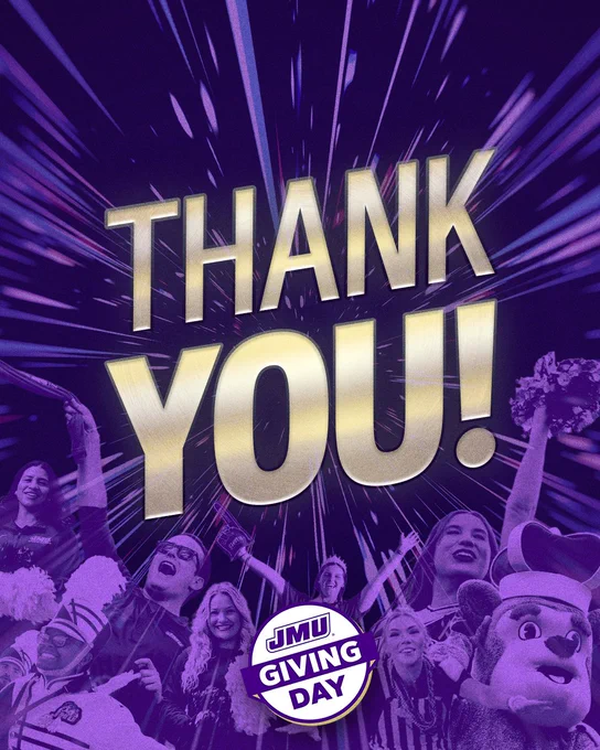 Infographic with a purple background and overlayed images of students and JMU fans. The text reads: "Thank you!" and the Giving Day logo appears at the bottom.