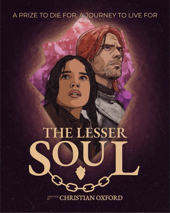 A poster for THE LESSER SOUL, written by Christian Oxford. The tagline reads "A prize to die for, a journey to live for." The image features the lead characters Elina and Gideon Starborne trapped in the crystalline shape of the Soulshard that binds them together.