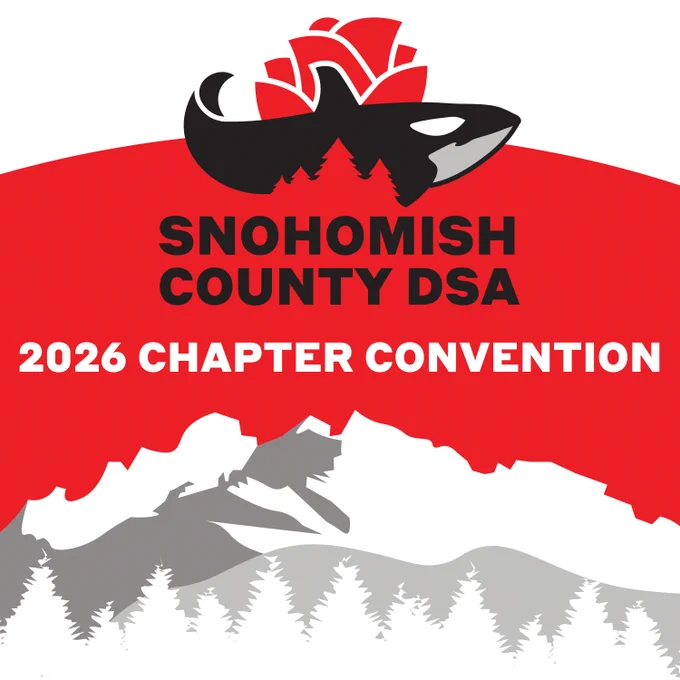 This is a graphic of the Snohomish County DSA orca logo over a depiction of the Cascade mountains with the text "2026 Chapter Convention"