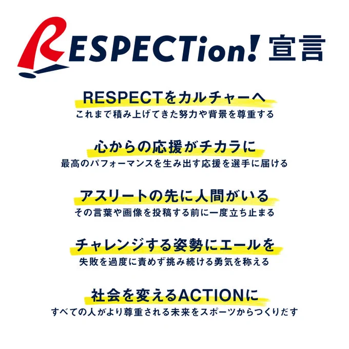 RESPECTion!宣言

・RESPECTをカルチャーへ（これまで積み上げてきた努力や背景を尊重する）
・心からの応援がチカラに（最高のパフォーマンスを生み出す応援を選手に届ける）
・アスリートの先に人間がいる（その言葉や画像を投稿する前に一度立ち止まる）
・チャレンジする姿勢にエールを（失敗を過度に責めず挑み続ける勇気を称える）
・社会を帰るACTIONに（すべての人がより尊重される未来をスポーツからつくりだす）