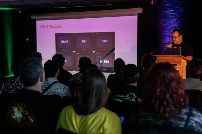 Rick Salter presenting about BraveCart to the crowd.