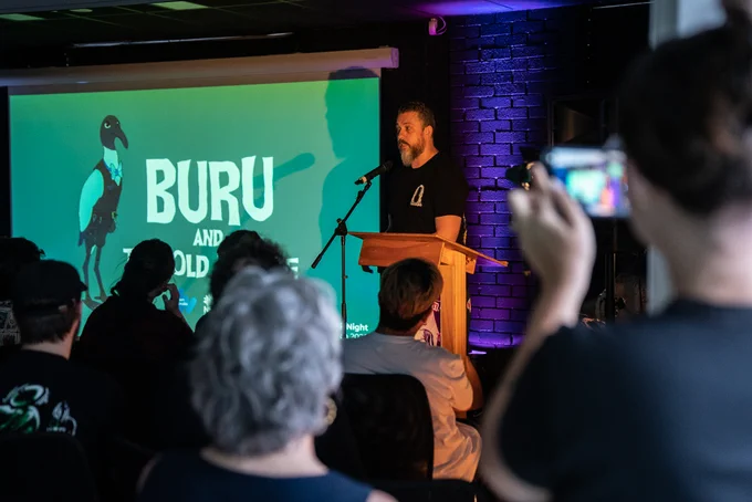 Ben Armstrong presenting to the crowd about Buru and the Old People.